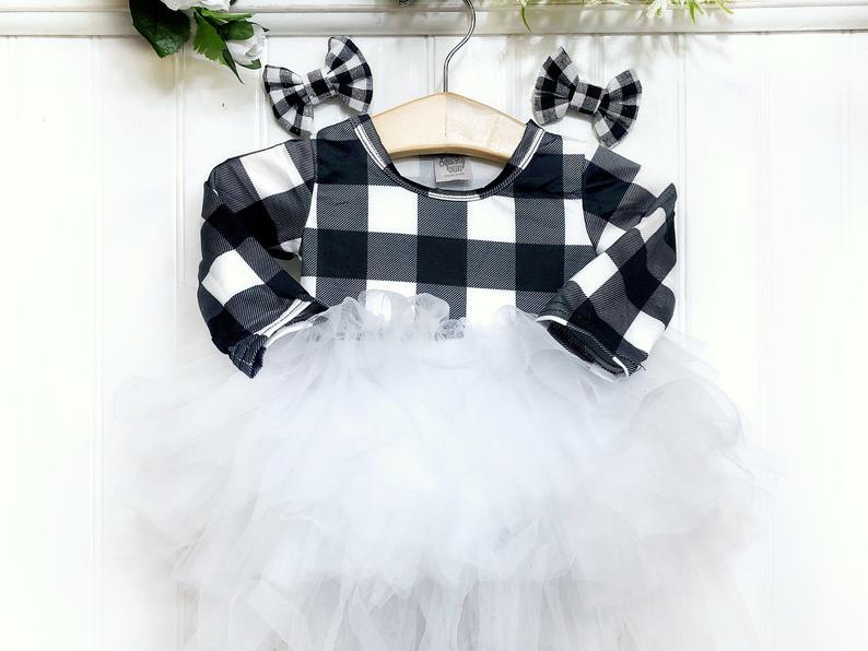 Girl's Buffalo Check Fluffy Christmas Dress - Squishy Cheeks