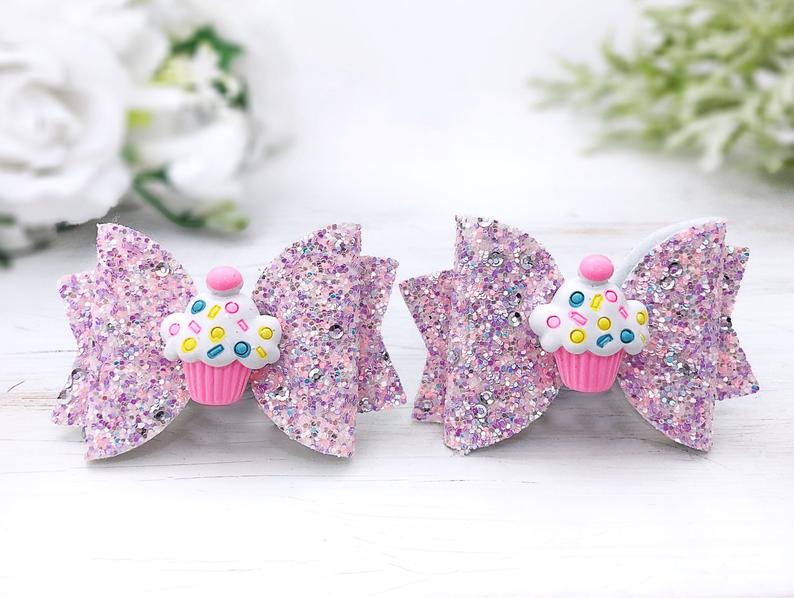 Girl's Cupcake Glitter Hair Bows - Squishy Cheeks