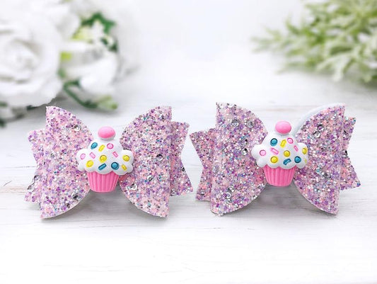 Girl's Cupcake Glitter Hair Bows - Squishy Cheeks