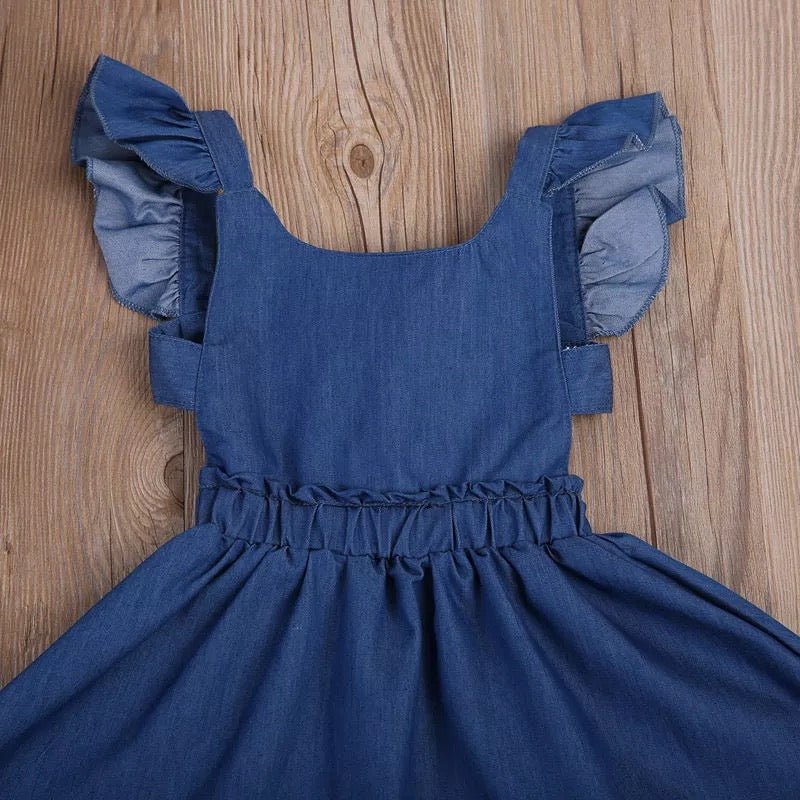 Girl's Denim Flutter Sleeve Tie Back Dress - Squishy Cheeks