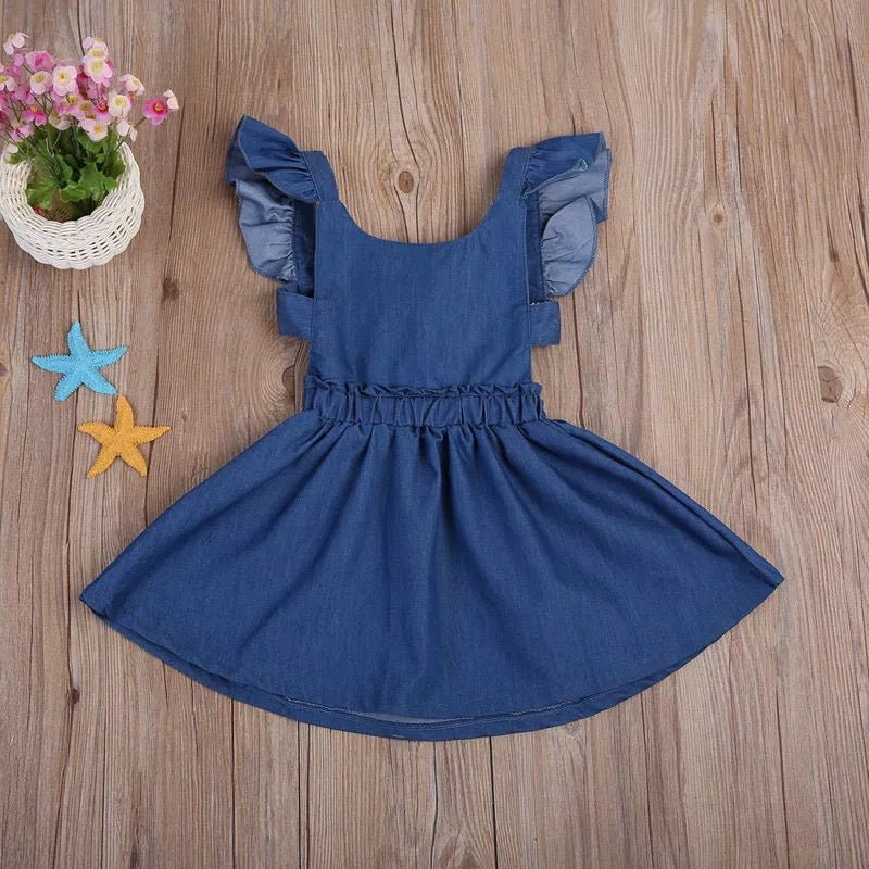 Girl's Denim Flutter Sleeve Tie Back Dress - Squishy Cheeks