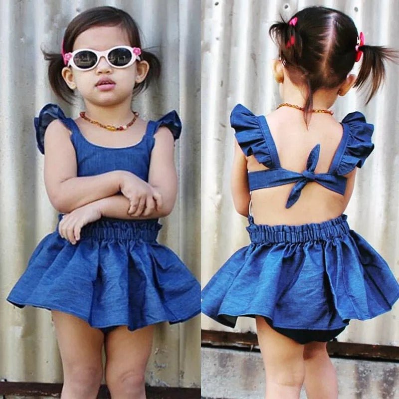 Girl's Denim Flutter Sleeve Tie Back Dress - Squishy Cheeks