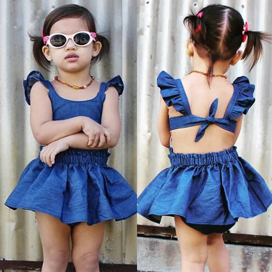 Girl's Denim Flutter Sleeve Tie Back Dress - Squishy Cheeks