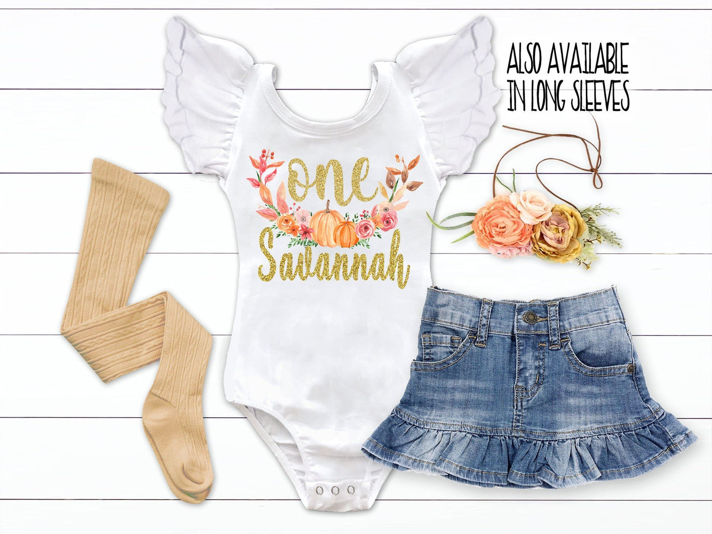 Girls Fall Birthday Outfit Boho Pumpkin Patch Shirt Baby Girl Fall Birthday Fall Leotard Distressed Denim Skirt Flower Crown Knit Tights - Squishy Cheeks