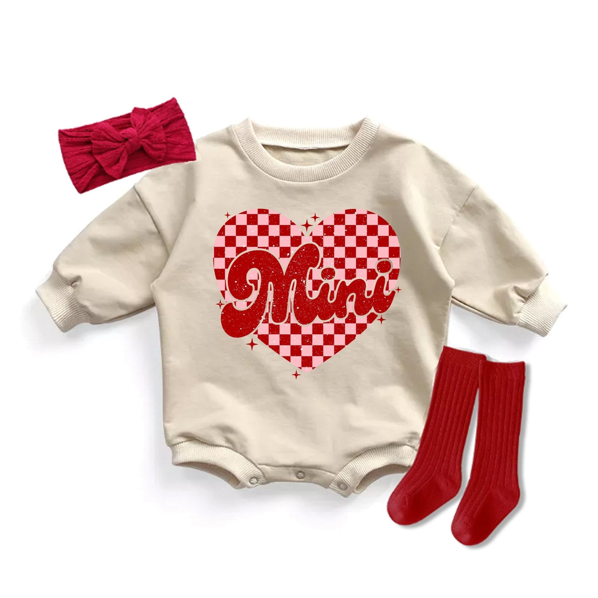 Girls Mini Valentine's Day Sweatshirt Checkered heart Skater Girl Valentine Sweatshirt Bubble Romper Toddler Sweatsuit - Squishy Cheeks