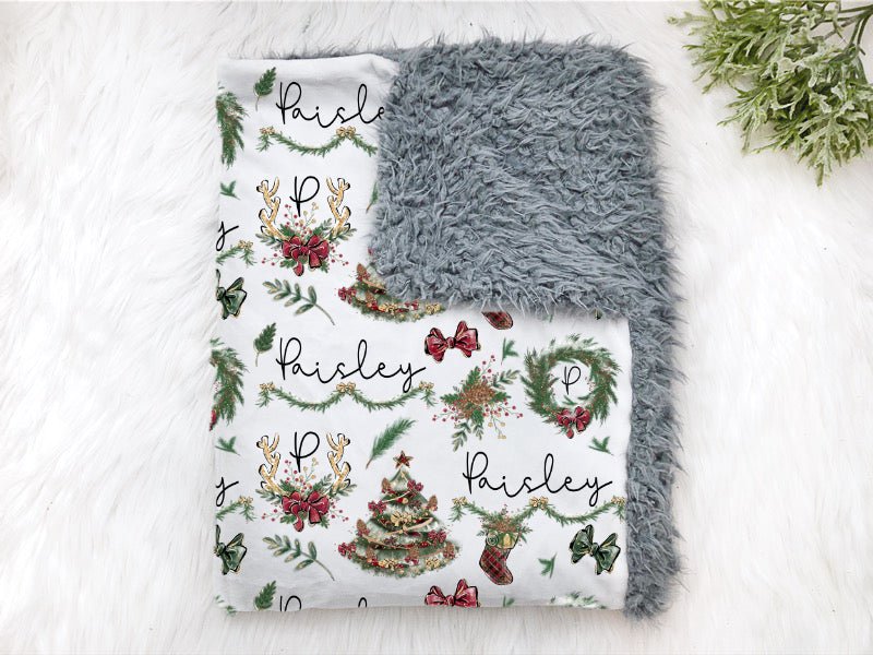 Girls Monogram Christmas Baby Swaddle Blanket - Squishy Cheeks