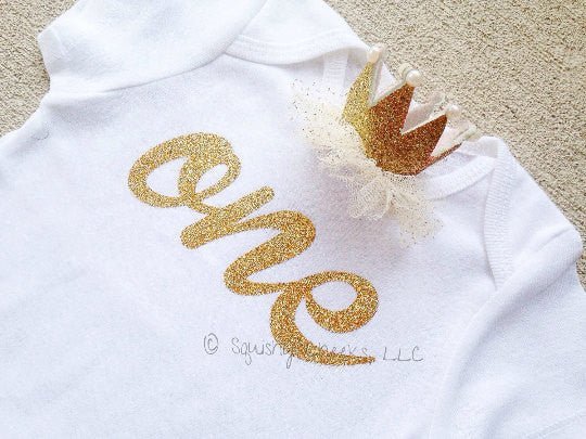 Girl's One Birthday Top w/ Princess Crown Hair Clip - Squishy Cheeks