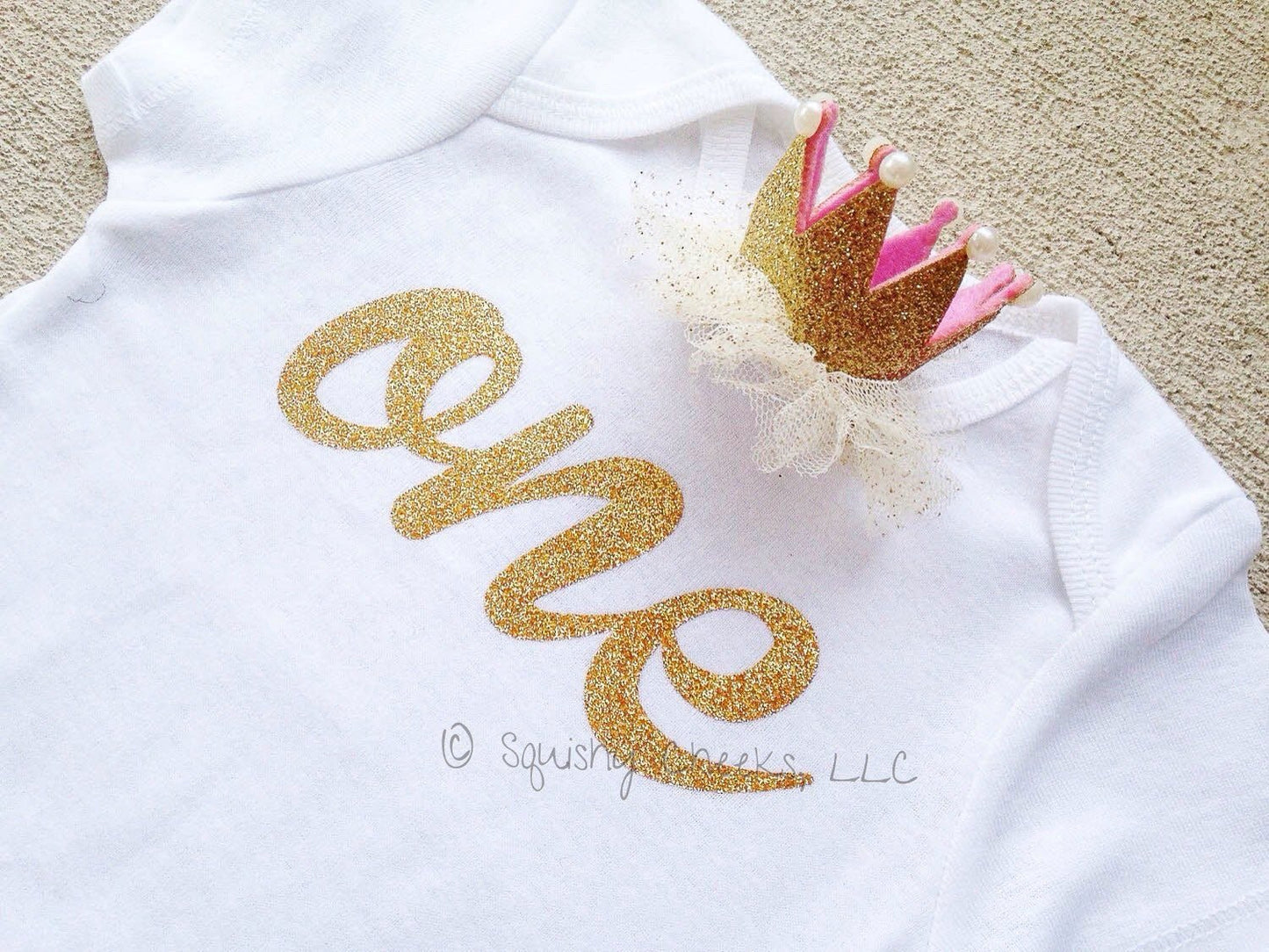 Girl's One Birthday Top w/ Princess Crown Hair Clip - Squishy Cheeks