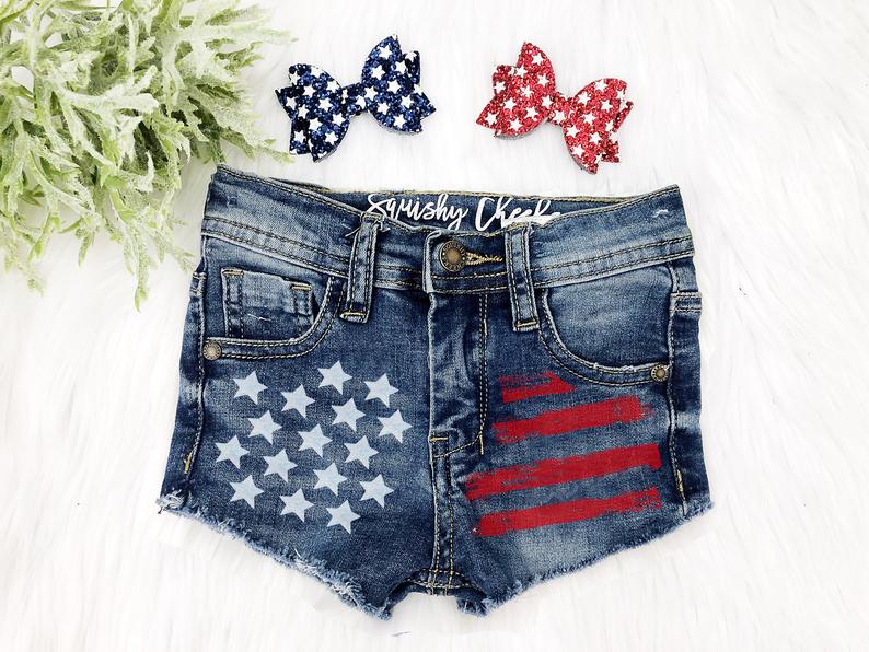 Girl's Patriotic Distressed Denim Shorts - Squishy Cheeks