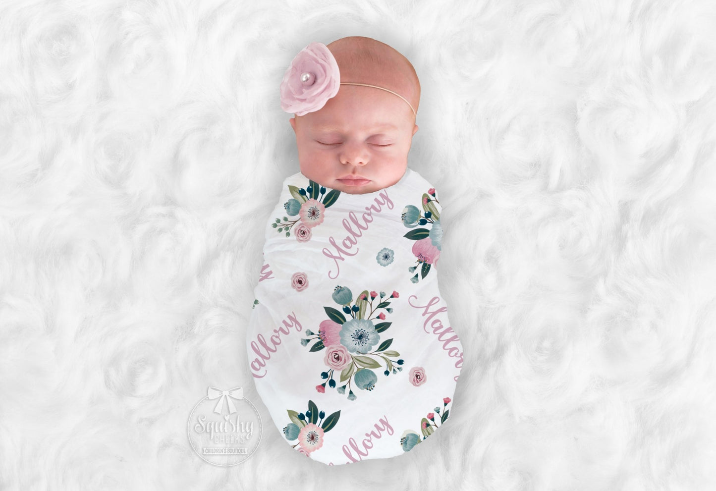 Girl's Personalized Blue & Blush Pink Floral Swaddle Blanket - Squishy Cheeks