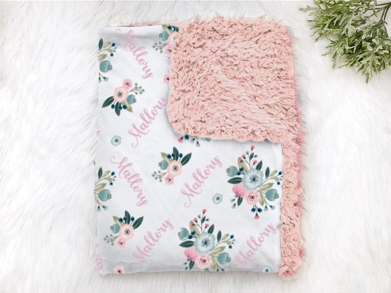 Girl's Personalized Blue & Blush Pink Floral Swaddle Blanket - Squishy Cheeks