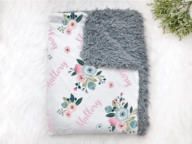 Girl's Personalized Blue & Blush Pink Floral Swaddle Blanket - Squishy Cheeks