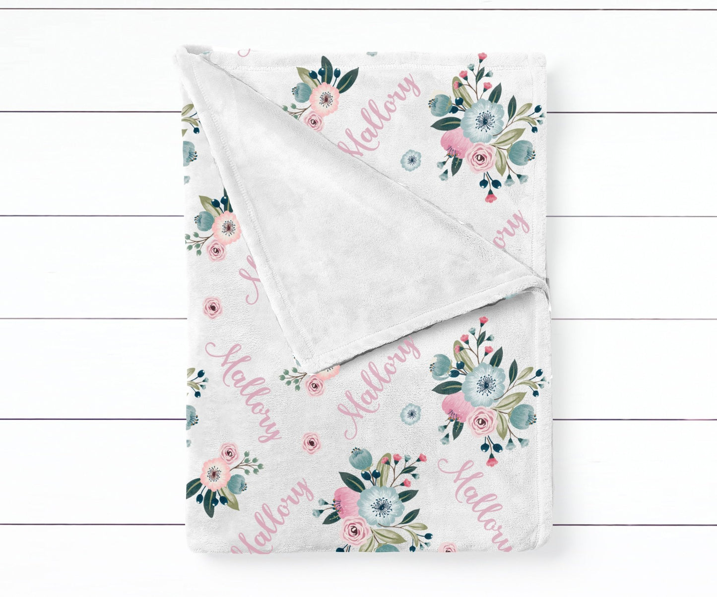 Girl's Personalized Blue & Blush Pink Floral Swaddle Blanket - Squishy Cheeks