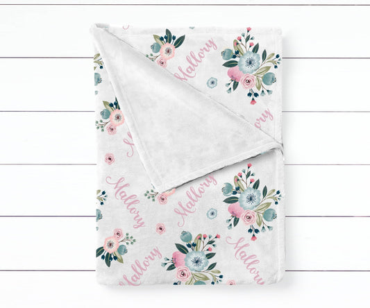 Girl's Personalized Blue & Blush Pink Floral Swaddle Blanket - Squishy Cheeks