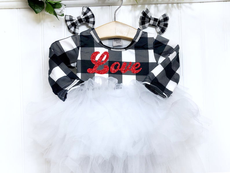 Girl's Personalized Buffalo Check Fluffy Valentine Dress - Squishy Cheeks