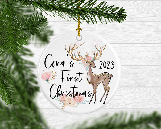 Girl's Personalized First Christmas Deer Ornament - Squishy Cheeks