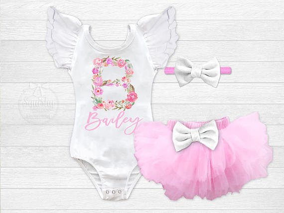 Girl's Personalized Floral Monogram Outfit - Squishy Cheeks