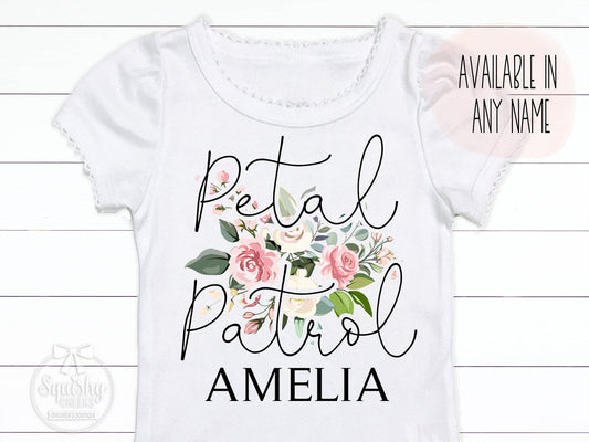 Girl's Personalized Petal Patrol Flower Girl Crochet Trim Top - Squishy Cheeks