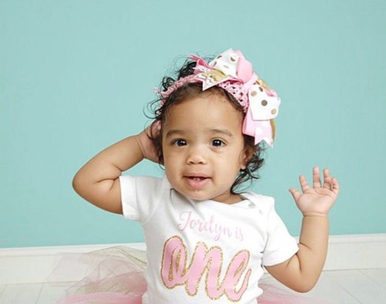 Girl's Personalized Pink and Gold 1st Birthday Outfit Squishy Cheeks Girl's Personalized Pink and Gold 1st Birthday Outfit Squishy Cheeks