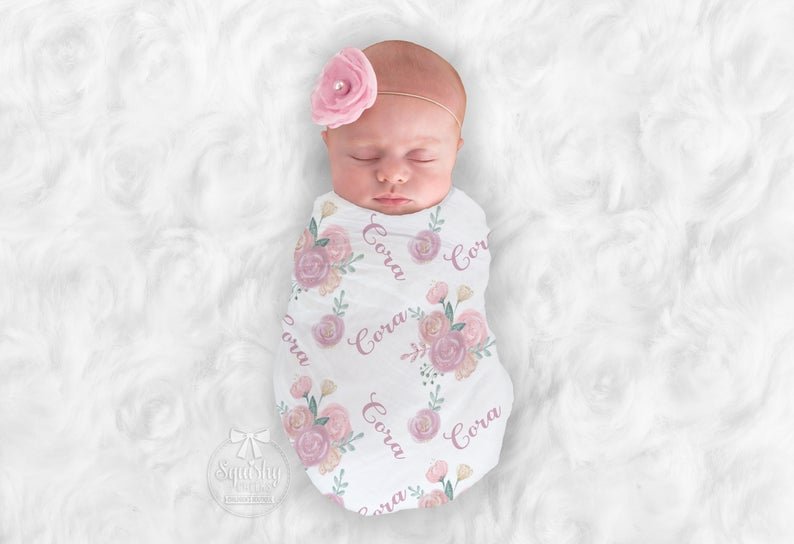 Girl's Personalized Pink Floral Swaddle Blanket - Squishy Cheeks