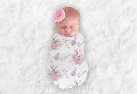 Girl's Personalized Pink Floral Swaddle Blanket - Squishy Cheeks