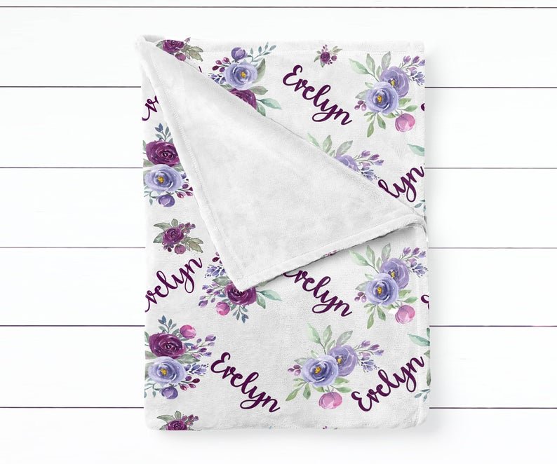 Girl's Personalized Purple Floral Swaddle Blanket - Squishy Cheeks