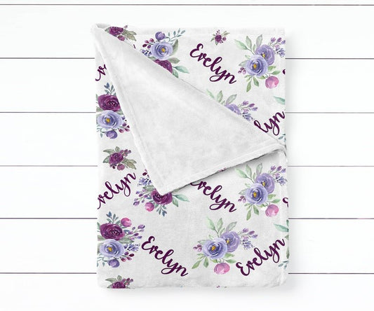Girl's Personalized Purple Floral Swaddle Blanket - Squishy Cheeks