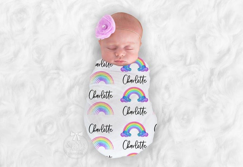 Girl's Personalized Rainbow Swaddle Blanket - Squishy Cheeks