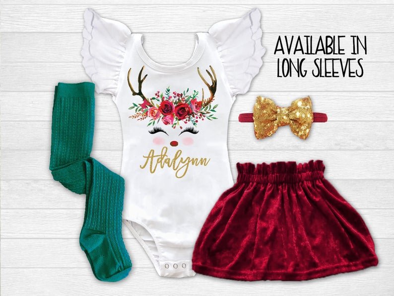Girl's Personalized Reindeer Christmas Outfit - Squishy Cheeks