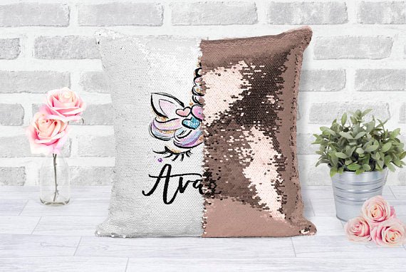 Girl's Personalized Unicorn Rose Gold Sequin Pillow - Squishy Cheeks