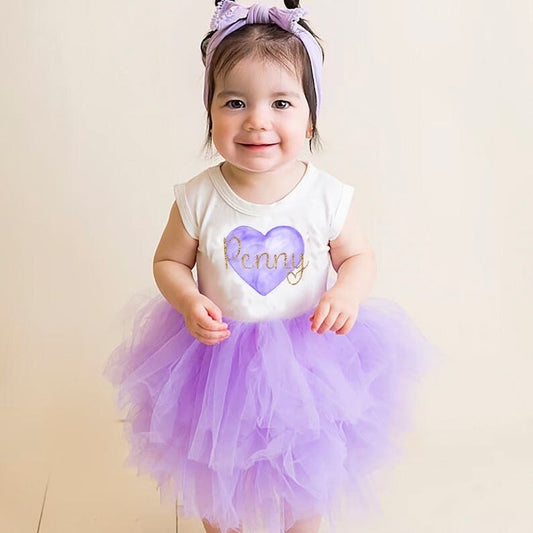 Girls Personalized Valentines Day Dress Lavender Fluffy Dress with Name - Squishy Cheeks