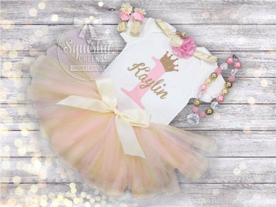 Girl's Pink and Gold Birthday Princess Tutu Outfit - Squishy Cheeks
