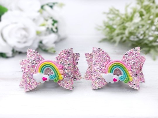 Girl's Rainbow Glitter Hair Bows - Squishy Cheeks