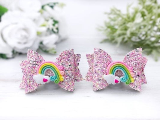 Girl's Rainbow Glitter Hair Bows - Squishy Cheeks