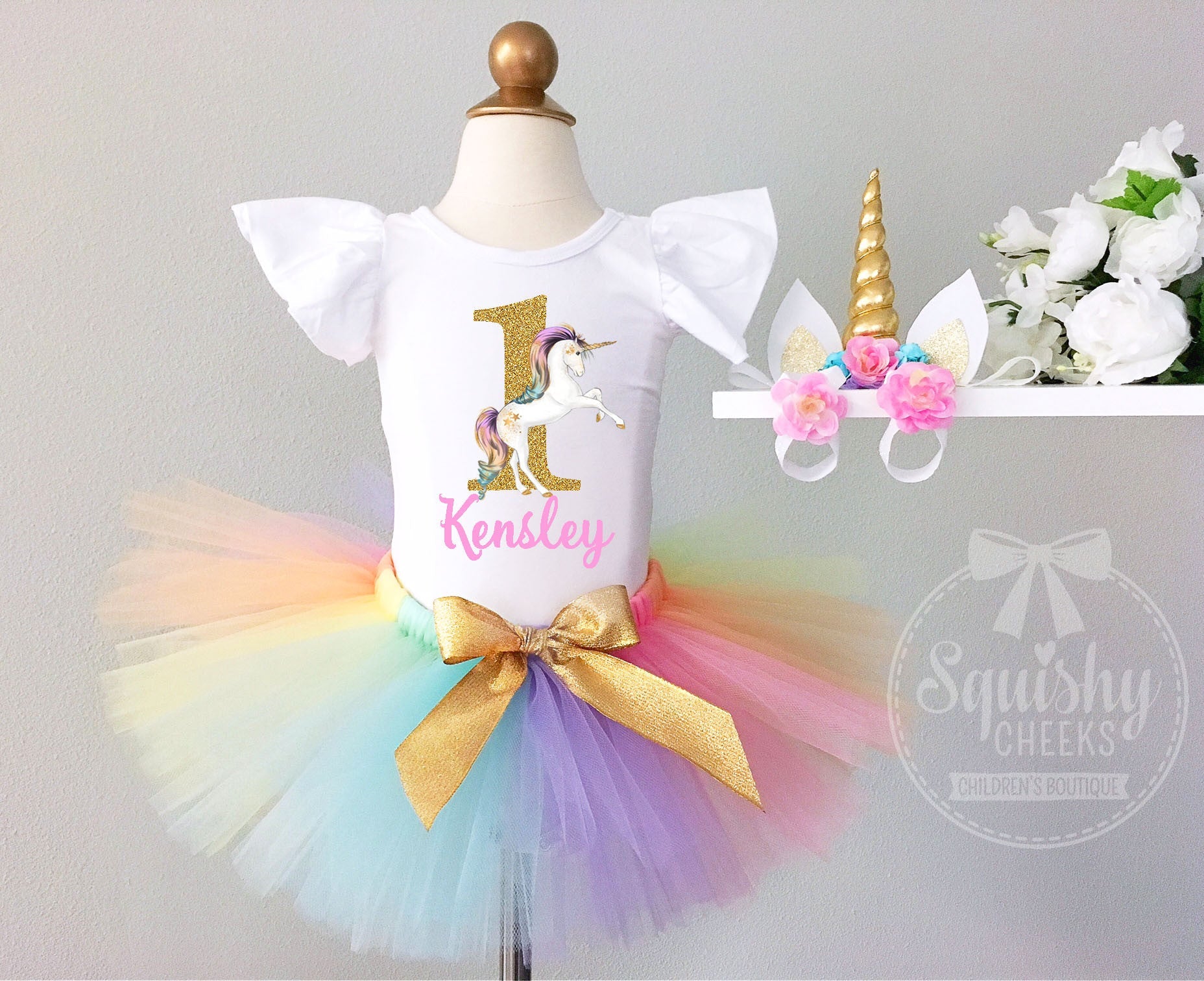 Girl's Rainbow Unicorn Birthday Outfit Squishy Cheeks Girl's Rainbow Unicorn Birthday Outfit Squishy Cheeks