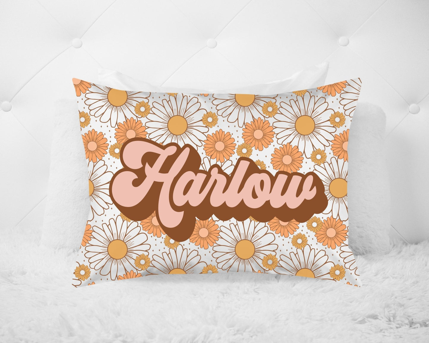 Girls Retro Groovy Daisy Name Pillow Retro Theme Bedroom Girl Personalized Pillow - Squishy Cheeks