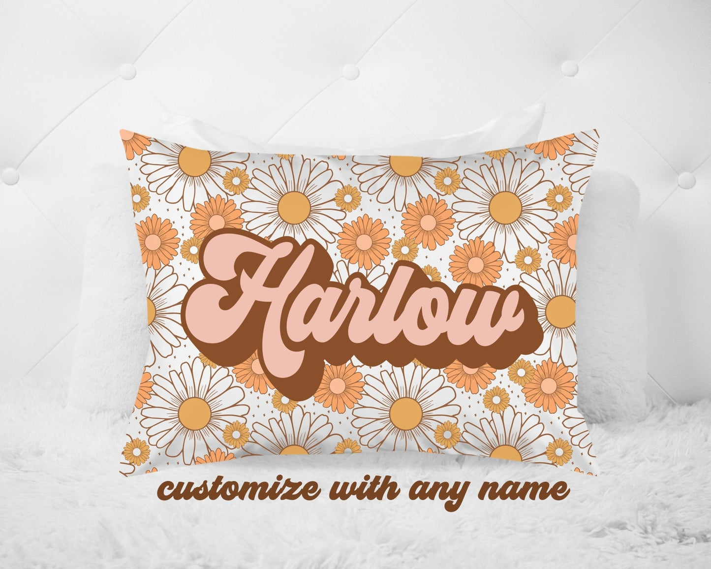 Girls Retro Groovy Daisy Name Pillow Retro Theme Bedroom Girl Personalized Pillow - Squishy Cheeks