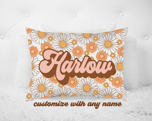 Girls Retro Groovy Daisy Name Pillow Retro Theme Bedroom Girl Personalized Pillow - Squishy Cheeks