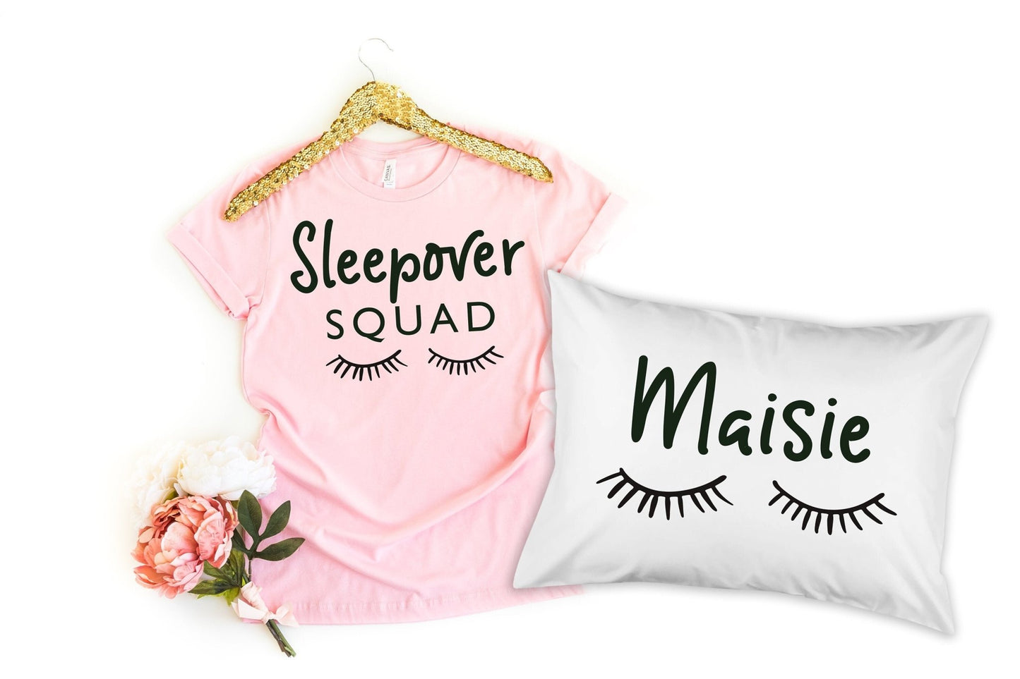 Girl's Sleepover Squad Pillow & T-Shirt Set Sleepover Slumber Party Birthday Party Favor Gifts Movie Night - Squishy Cheeks