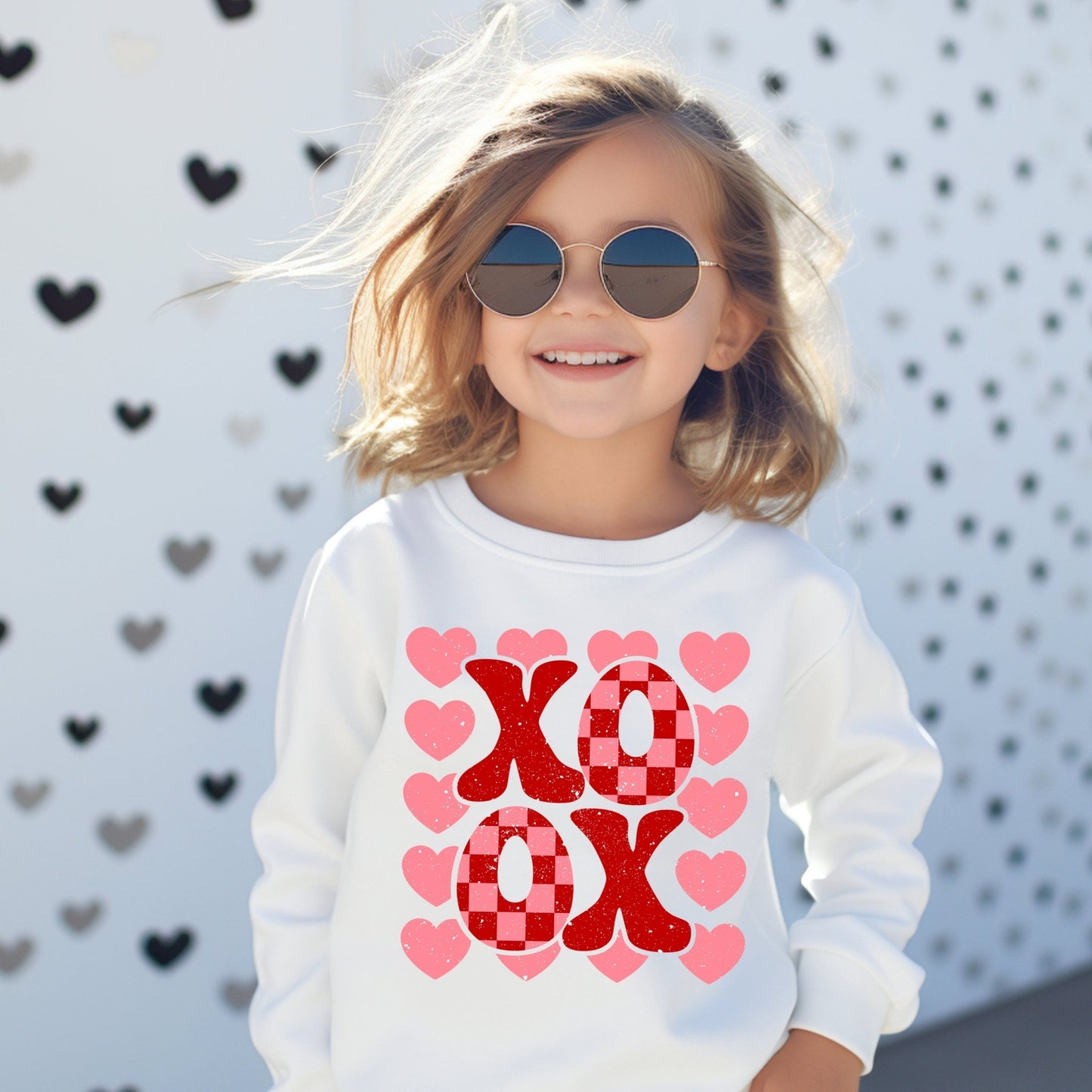 Girls XOXO Retro Valentine's Day Sweatshirt Skater Girl Valentine Sweatshirt Bubble Romper Toddler Sweatsuit - Squishy Cheeks