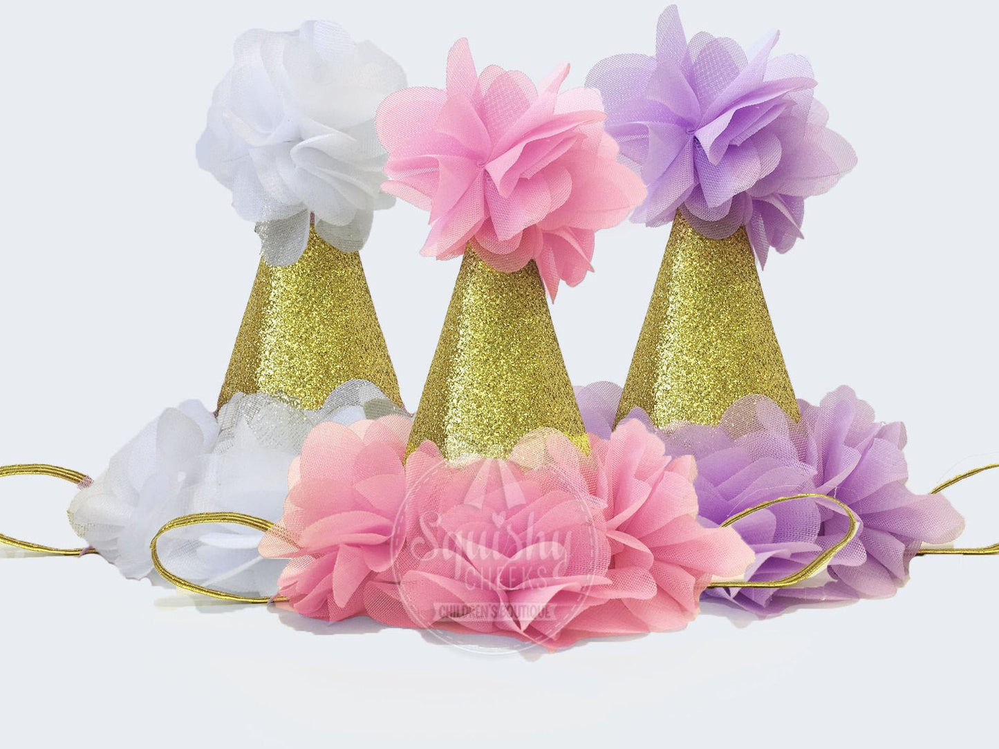 Gold Birthday Hats - Pink, Lavender, Hot Pink - Squishy Cheeks