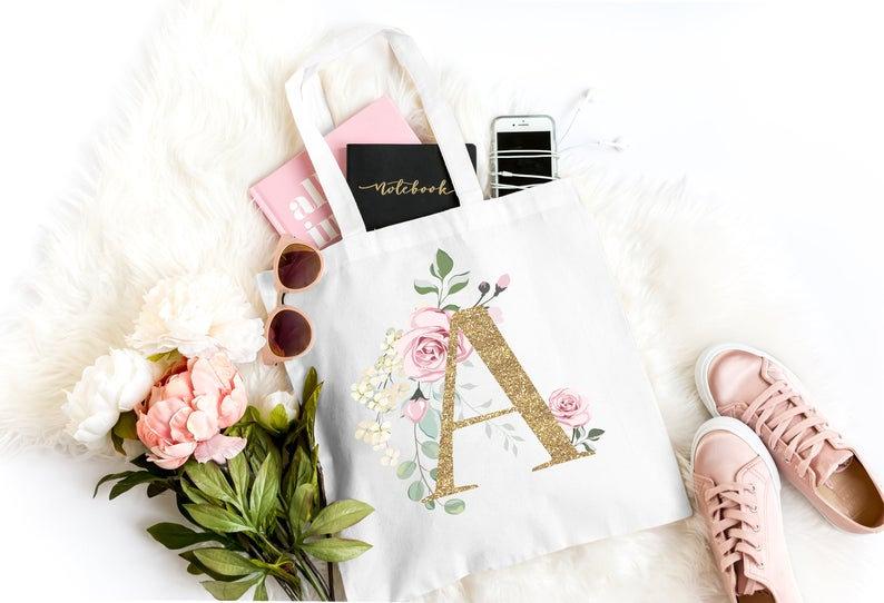 Personalised Floral Gold Any Letter Initial Tote Bag Gift. 