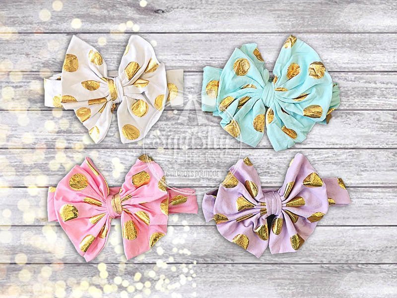 Gold Polka Dot Knotted Bow Headbands - Squishy Cheeks