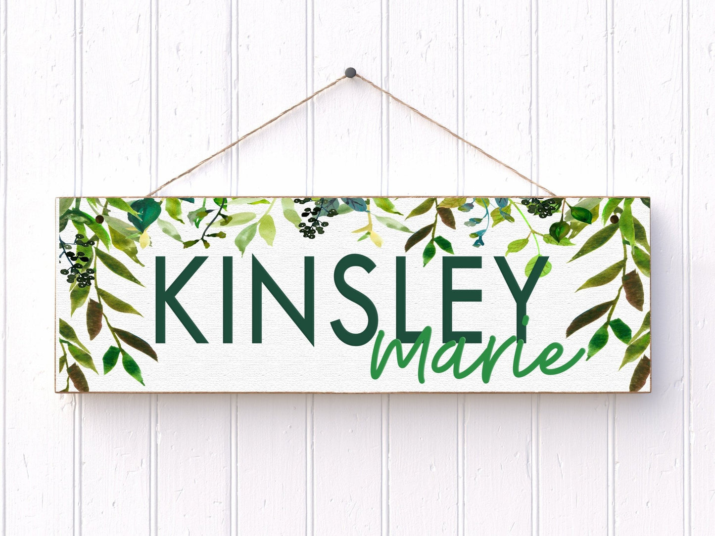 Green Boho Leaf Floral Nursery Hanging Name Plaque 15"x6" - Squishy Cheeks