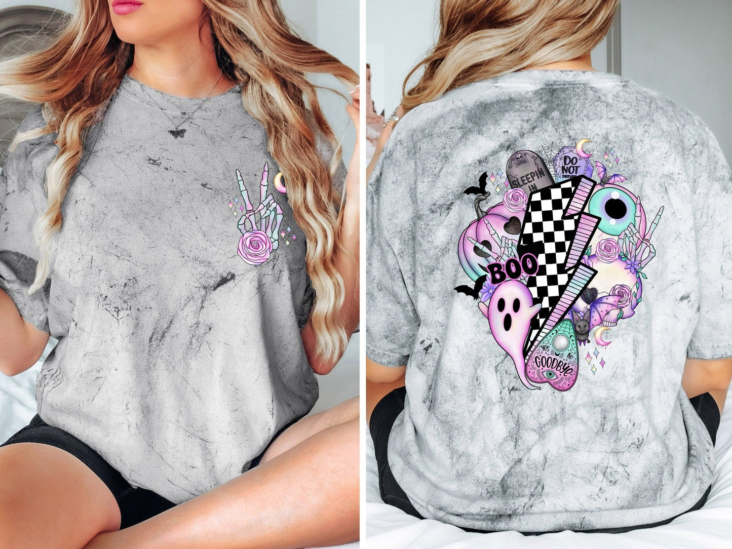 Halloween Grunge Skeleton Peace Sign Shirt for Her Retro Halloween Collage - Squishy Cheeks