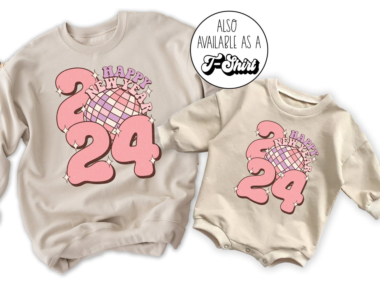 Happy New Years 2024 Pink Matching Mom Kids Shirts NYE Sweatshirts - Squishy Cheeks