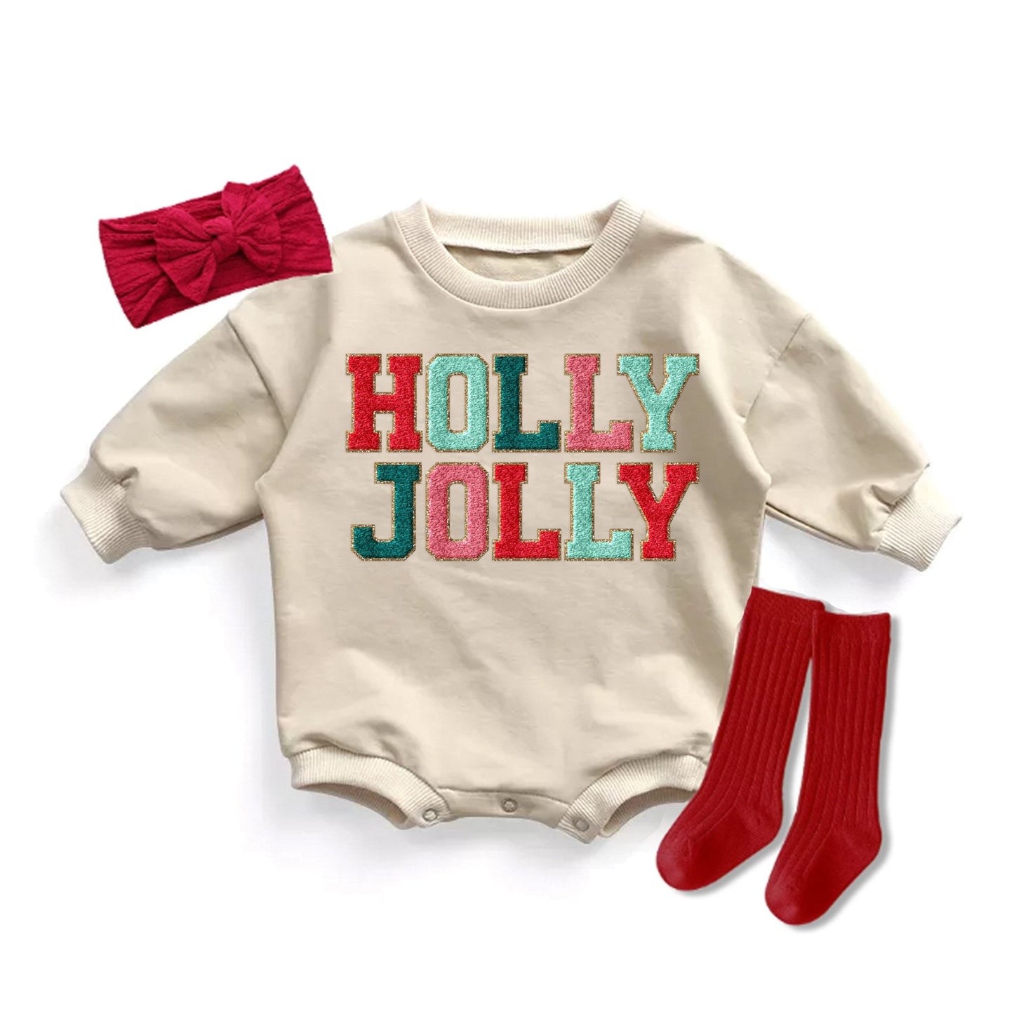 Holly Jolly Faux Chenille Letter Woman's Christmas Sweatshirt - Squishy Cheeks