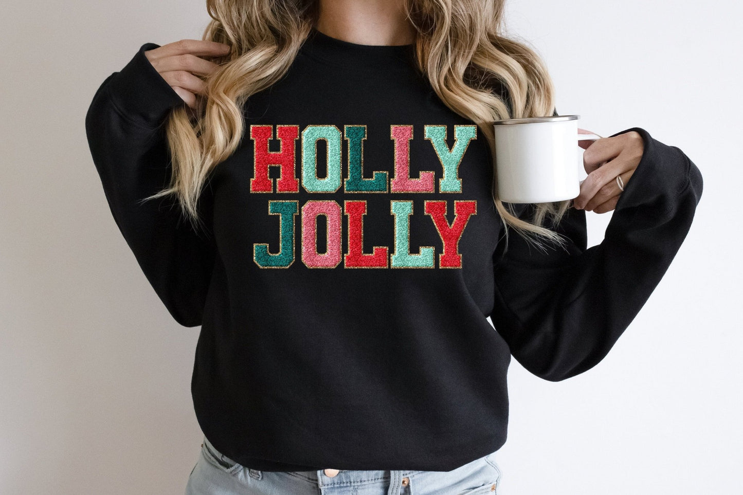 Holly Jolly Faux Chenille Letter Woman's Christmas Sweatshirt - Squishy Cheeks