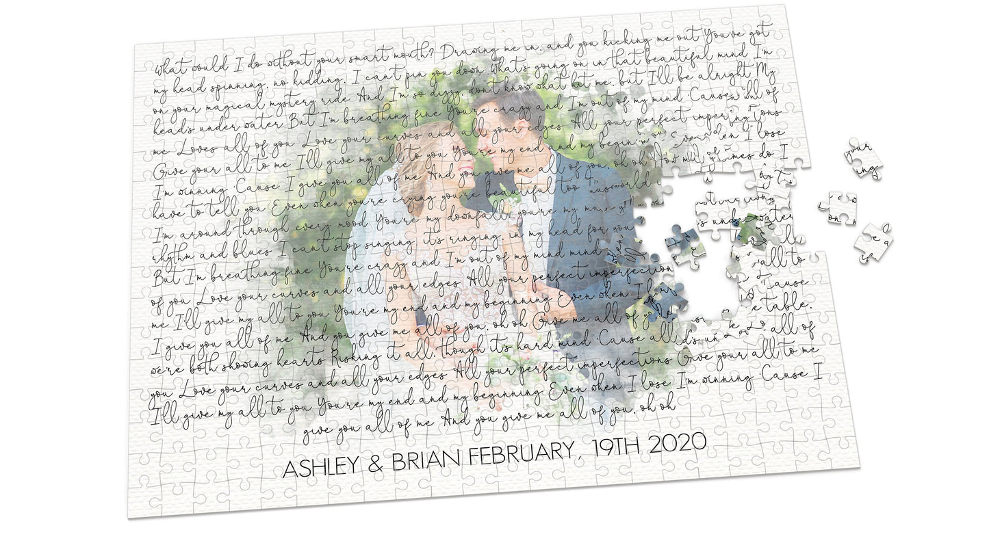 Anniversary Gift Watercolor Illustration Bride and Groom Puzzle Keepsake Artwork Wedding Gift Custom with Vows or Wedding Song Lyrics
