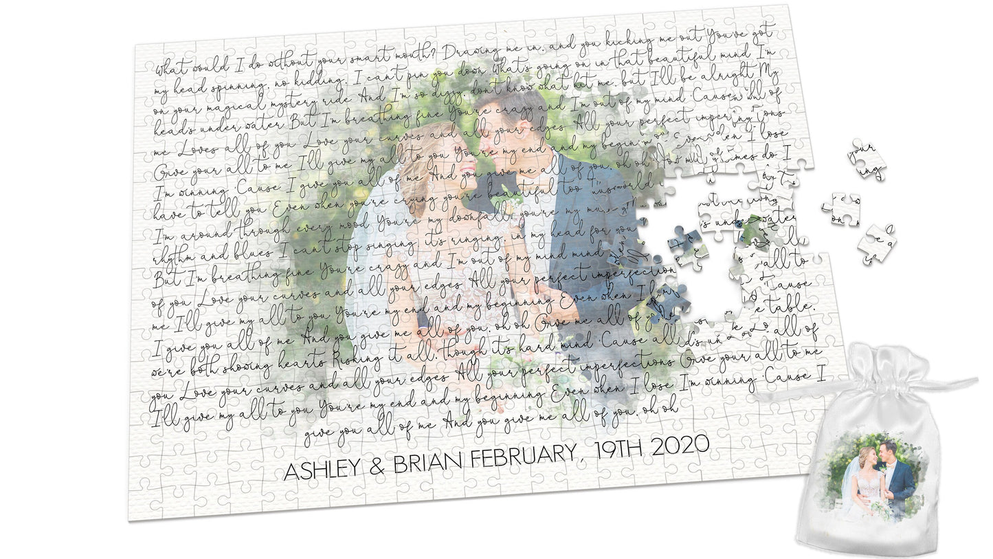 Anniversary Gift Watercolor Illustration Bride and Groom Puzzle Keepsake Artwork Wedding Gift Custom with Vows or Wedding Song Lyrics